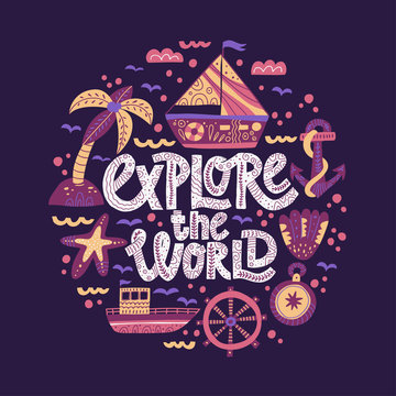 Explore the world - typography poster with a hand lettering. Sea ​​background.  Child t-shirt design idea.  Hand-drawn cartoon illustration.