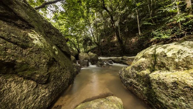 A jungle time lapse at Borneo rainforest, small creek near by Mount Kinabalu, the highest mountain of south east Asia. A small creek in the jungle of Borneo. Silky water bathes  big rocks.