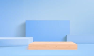 3D render vector of blue abstract geometric background or texture. Bright pastel podium or pedestal backdrop. Blank minimal design concept. Stage for awards ceremony on website in modern blue shape