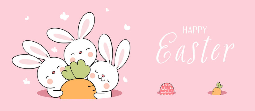 Draw banner cute rabbit in hole on pink For Easter.
