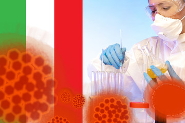 Virology in Italy. Concept - localization of the virus in Italy. Measures to Stop the Epidemic. Pictures of the virus next to the laboratory assistant. Flag of Italy next to a woman virologist
