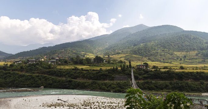 The Punakha Suspension Bridge at the Punakha Dzong. Across the Tsang Chu River to Shengana and Wangkha village. The longest suspension bridge in Bhutan. A time lapse video.