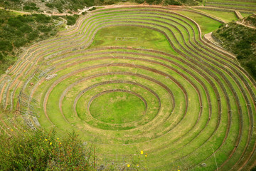 Fototapeta na wymiar Well Preserved Historic Agricultural Terraces of Moray in the Sacred Valley of the Incas, Cusco Region, Peru