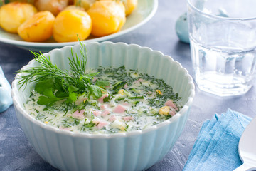 Traditional summer cold soup - okroshka in a bowl, horizontal