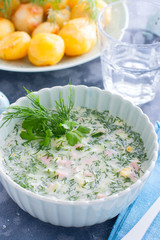 Okroshka with mineral water sausage in a bowl, selective focus