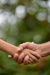Person holding granddaughter's hand on the background 