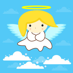 Saint Holy Angel in white dress with halo and yellow hair in clouds on blue sky background stock vector illustration