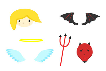 Angel's face, blue wings and halo for Angels pack and pitchfork black wings and evil devils face