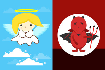 Angel in Clouds with yellow hair and white dress and halo and Red devil with black wings and pitchfork