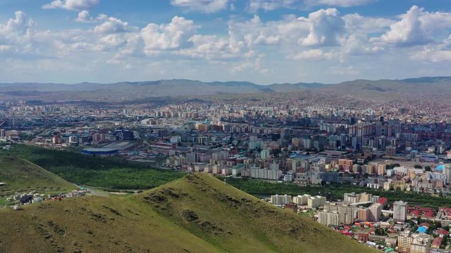 Aerial panorama view of Ulaanbaatar city and Memorial on Zaisan Tolgoi, Mongolia, 4k