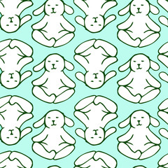 vector seamless pattern with hand-drawn rabbits in yoga poses on blue background. it can be used as Wallpaper, background, print, textile design, notebooks, phone cases, packaging paper, and more.