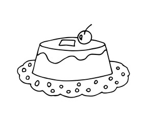 Hand-drawn simple vector illustration, black outline. Traditional Sicilian Easter dessert cassatini, mini cassata decorated with candied cherry on a polka dot plate, marzipan, ricotta cheese.