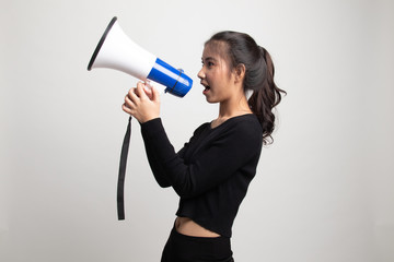 Beautiful young Asian woman announce with megaphone.