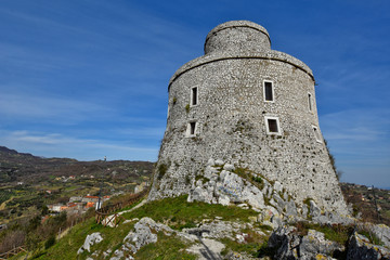 Fototapeta na wymiar Montesarchio, Italy, 02/29/2020. An ancient medieval tower at the highest point of a village
