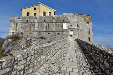 Montesarchio, Italy, 02/29/2020. A narrow street between the old houses of a medieval village.