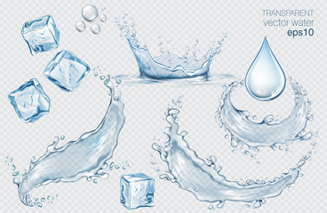 Set of blue vector water splashes, drops and ice cubes. Realistic transparent isolated vector illustration - 327359815
