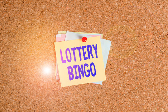 Text sign showing Lottery Bingo. Business photo showcasing game of chance in which each player matches numbers printed Corkboard color size paper pin thumbtack tack sheet billboard notice board
