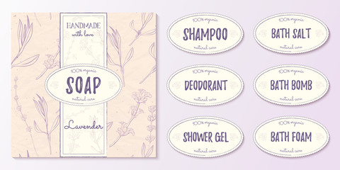 Natural cosmetics design kit with seamless pattern and logo templates.