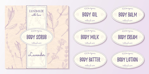 Natural cosmetics design kit with seamless pattern and logo templates.