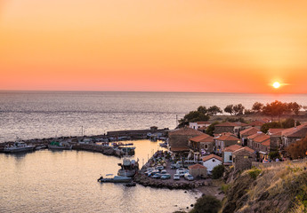 Port of Molivos Mythimna Lesbos island Greece at sunset