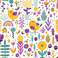 Obraz premium Spring seamless pattern with cute cartoon birds with chickens, flowers, rainbow, insects in a colorful palette. Vector childish illustration in hand-drawn Scandinavian style