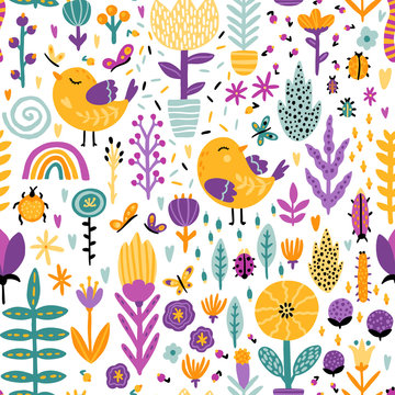 Spring seamless pattern with cute cartoon birds with chickens, flowers, rainbow, insects in a colorful palette. Vector childish illustration in hand-drawn Scandinavian style