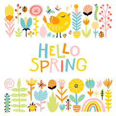 Hello spring. Cute cartoony bird in a flower border and comic lettering phrase with a rainbow in a colorful palette. Vector childish illustration in hand-drawn Scandinavian style