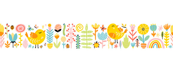 Naklejki  Spring seamless border patern with cute cartoon birds with chickens, flowers, rainbow, insects in a colorful palette. Vector childish illustration in hand-drawn Scandinavian style