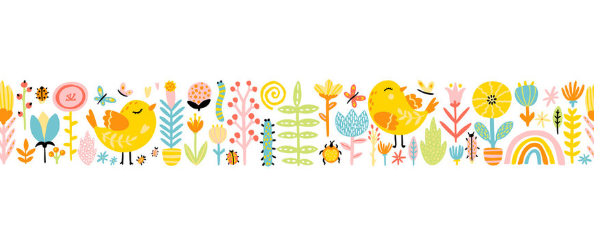 Spring seamless border patern with cute cartoon birds with chickens, flowers, rainbow, insects in a colorful palette. Vector childish illustration in hand-drawn Scandinavian style