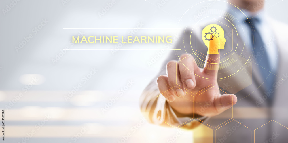 Poster machine learning artificial intelligence concept. businessman pressing virtual button.