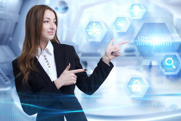 Business, Technology, Internet and network concept. Young businessman working on a virtual screen of the future and sees the inscription: Continuous improvement