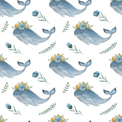 Watercolor seamless pattern with Arctic whales, wreaths, and blue flowers on the white background. Funny kids illustration. Ideal for children's textile, wrapping, and other designs.