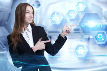 Business, Technology, Internet and network concept. Young businessman working on a virtual screen of the future and sees the inscription: Risk management