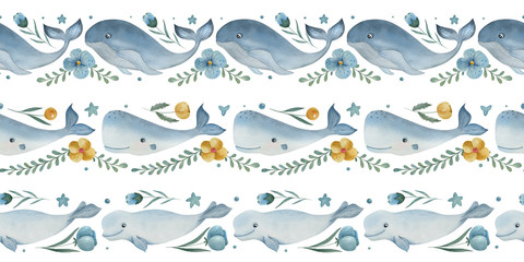 Watercolor seamless borders with sea animals on the white background. Whale, cachalot, and beluga. Kids decor.