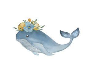 Watercolor hand drawn illustration on the white background. Cartoon whale with decorative wreath. Ideal for postcards, posters and kids decor.