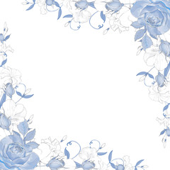 Fototapeta na wymiar Monochrome floral frame with blue flowers and leaves on white background. Hand drawn. For wedding invitations, greeting cards. Copy space. Vector stock illustration.