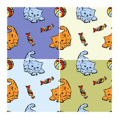Pattern with gray and red cat, candy and ball. Different background options. Vector illustration in cartoon style. Hand drawn.