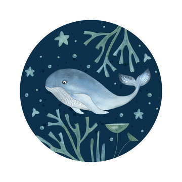 Watercolor hand drawn illustration of on the dark background. Cartoon whale with plants and stars. Ideal for postcards, posters and kids decor.