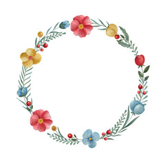 Hand-drawn watercolor floral round frame template. Botanical illustration with space for text. Decor for invitations, greeting cards, posters, design elements.