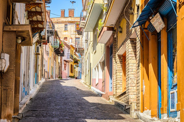 The paved streets of the beautiful village of Agiasos in Lesvos with colorful traditional houses