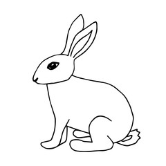 Hand drawn black outline vector cartoon doodle hare, easter bunny, rabbit isolated on white background. Design for children's coloring, prints of clothes, template, stickers, labels. Wildlife, forest 