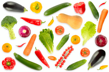 Top view on collection of fresh vegetables and fruits isolated on white with light shadow.
