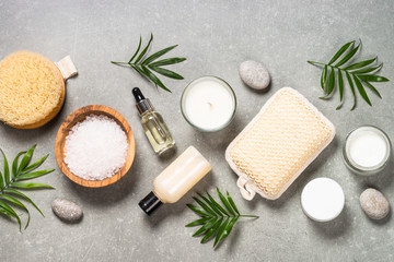 Spa product composition on stone table.