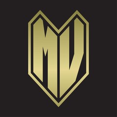 MV Logo monogram with emblem line style isolated on gold colors