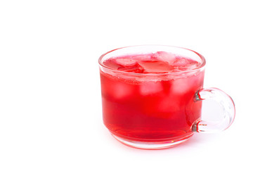 Glass of roselle juice tea (Jamaica sorrel, Rozelle or hibiscus sabdariffa ) isolated on white background with clipping path. 