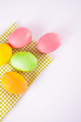 Colorful eggs for Easter day. Top view. Copy space.