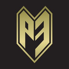 PE Logo monogram with emblem line style isolated on gold colors