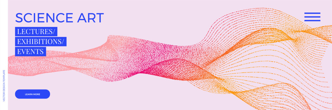 Panoramic science or technology background with dynamic particles. Trendy colourful design template. Applicable for banners, flyers, covers, presentations, identity, landing pages, websites.