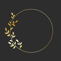Hand drawn golden wreath, laurel, design element. Round logo template with one branch and leaves on it