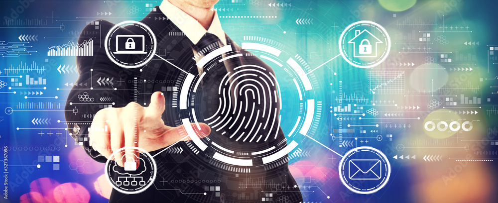 Poster fingerprint scanning theme with a businessman on a shiny background